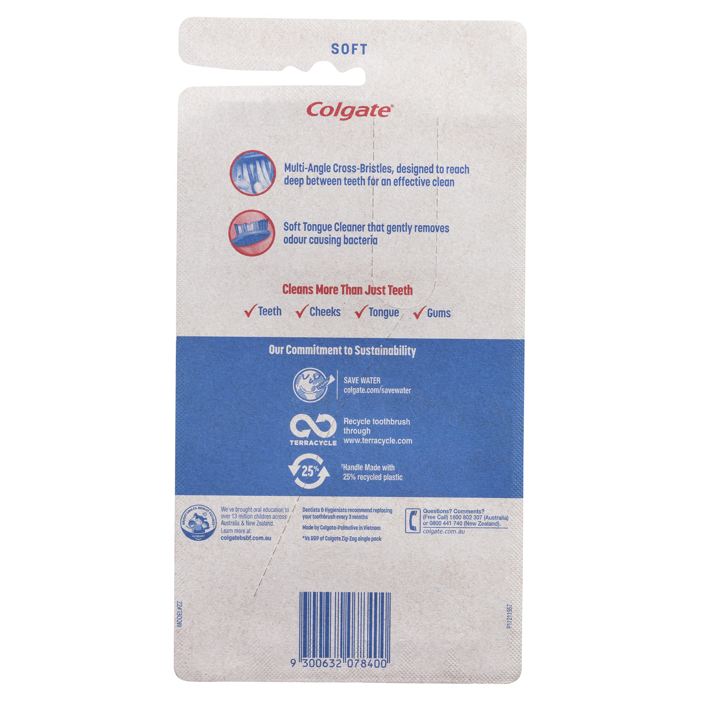 Recycled plastic handle on Colgate Zig Zag Soft Toothbrush