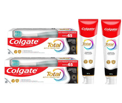 Saver pack front showing two toothpaste tubes and two free toothbrushes
