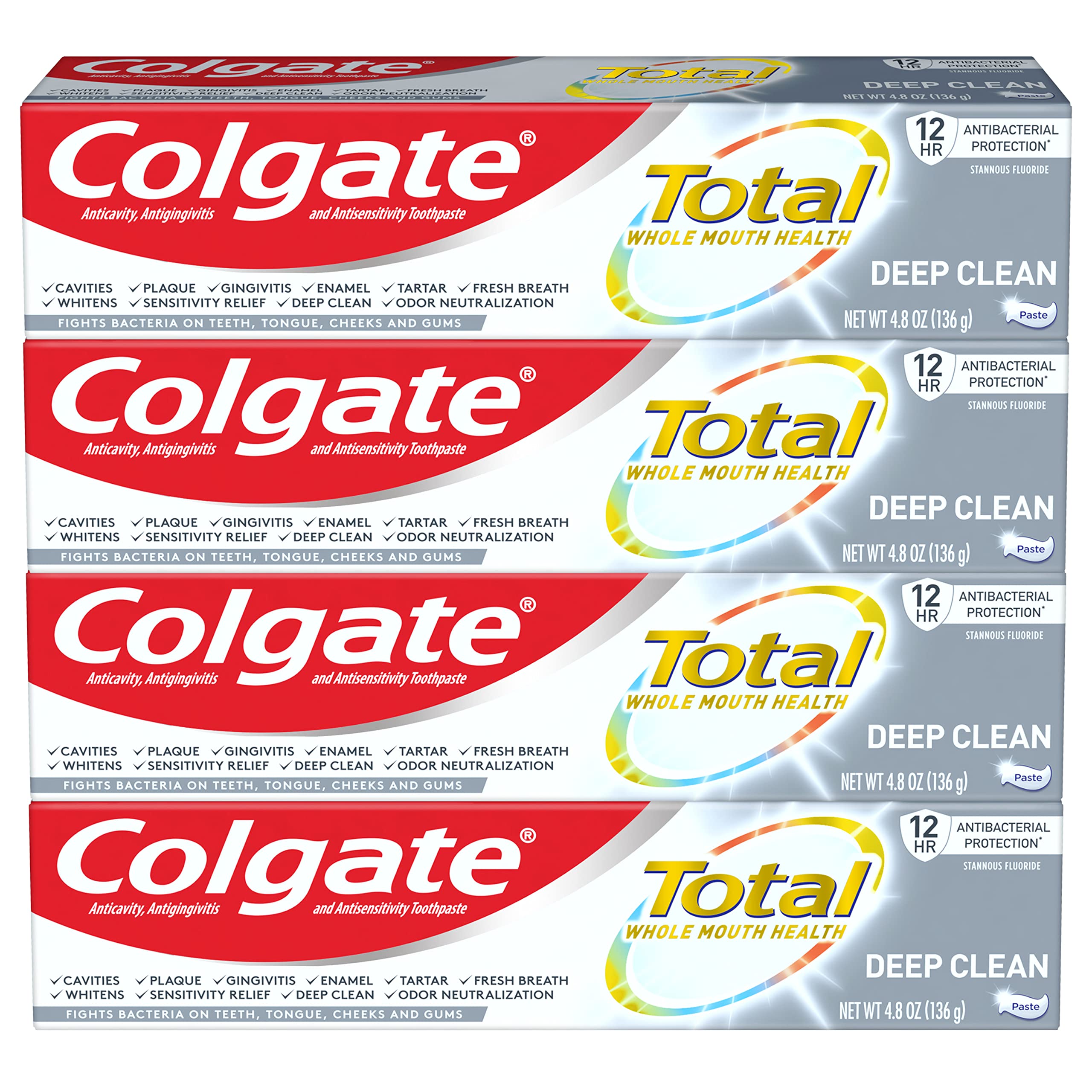 Colgate Total Deep Clean 4-pack 4.8 oz toothpaste tubes on white background