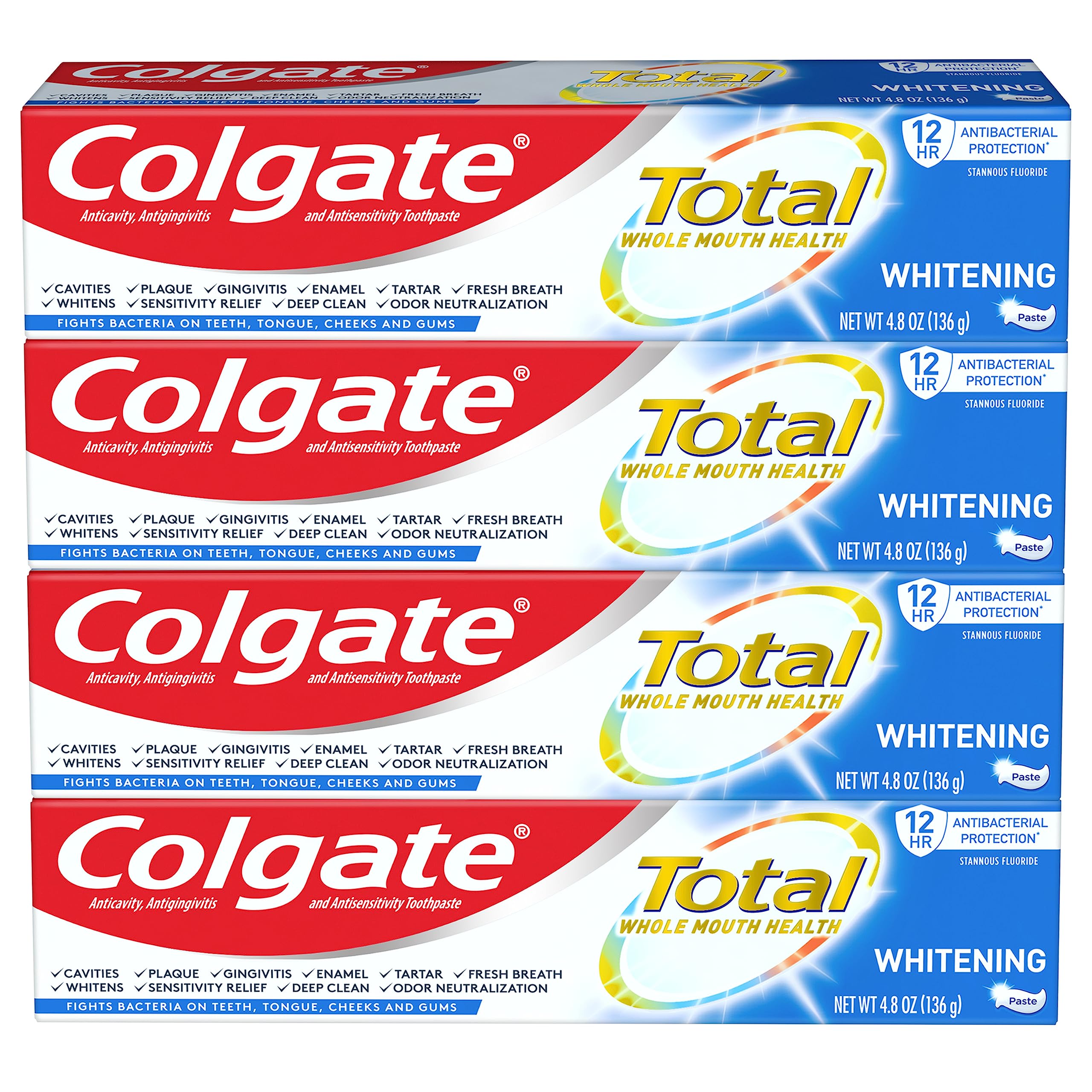 Front view of Colgate Total 4 x 4.8 oz toothpaste pack