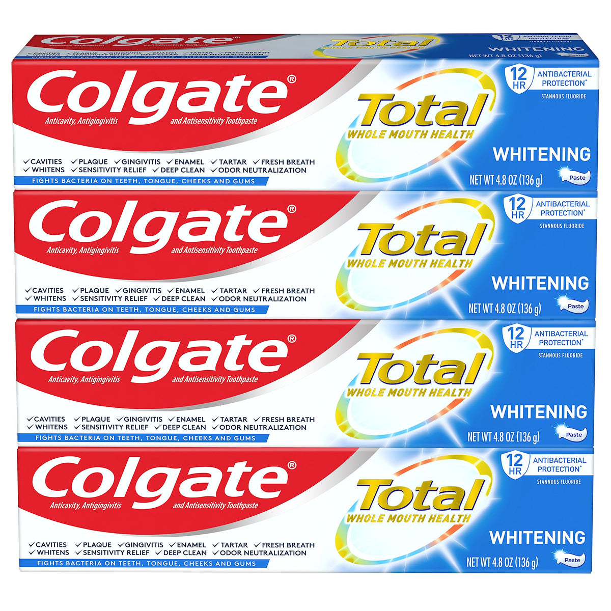 Front view of Colgate Total 4 x 4.8 oz toothpaste pack