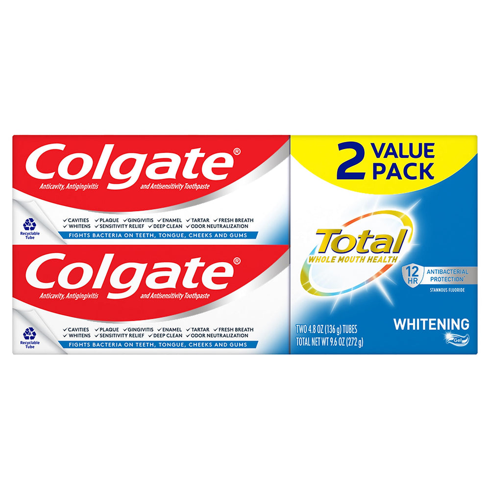 Front view of Colgate Total Whitening Gel toothpaste packaging in mint flavor, 4.8 oz (Pack of 2).
