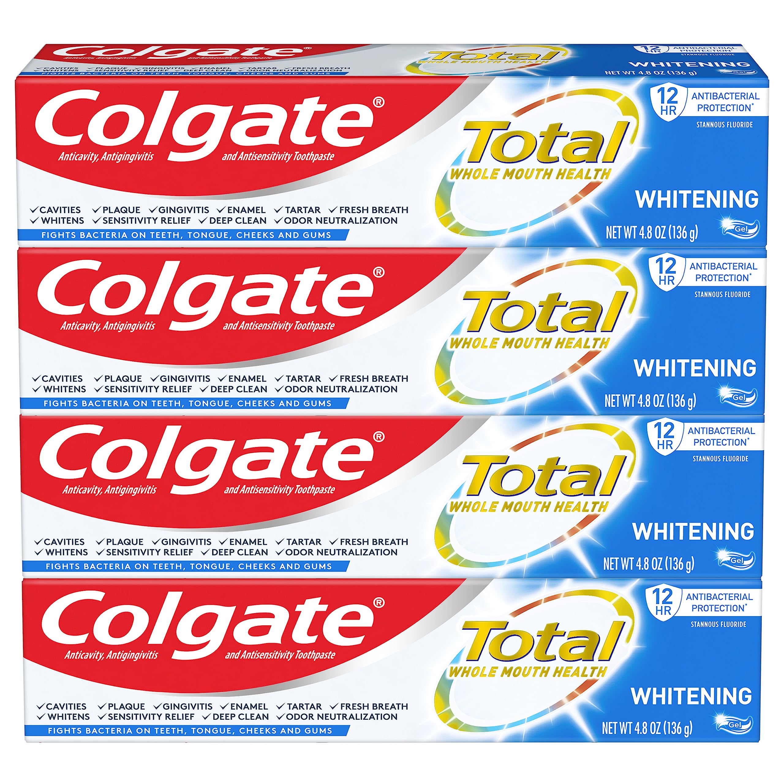 Four 4.8 oz Colgate Total Whitening Toothpaste Gel tubes in a four-pack