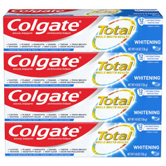 Four 4.8 oz Colgate Total Whitening Toothpaste Gel tubes in a four-pack