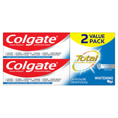 Front view of Colgate Total Whitening toothpaste pack (2 tubes)