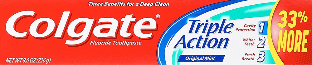 Colgate Triple Action Toothpaste Mint 8 oz tube - back view detailing benefits