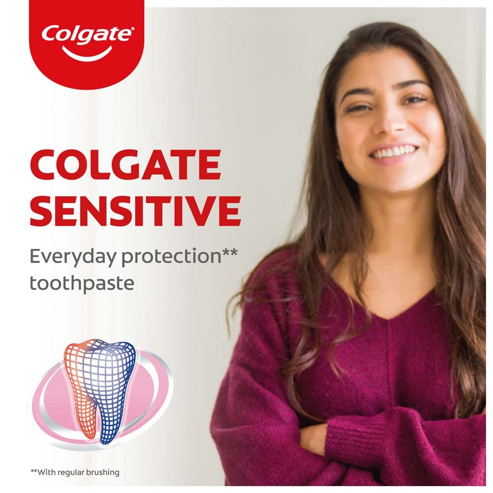Close-up of Colgate Sensitive Everyday Protection toothpaste tube