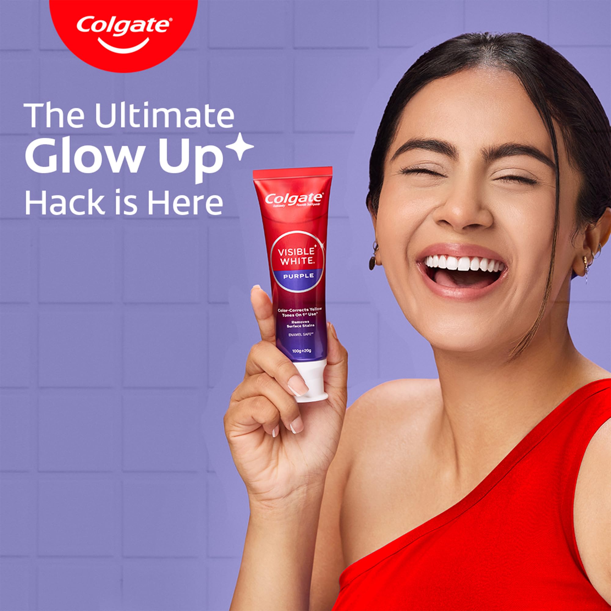 Close-up of Colgate Visible White Purple Toothpaste tube
