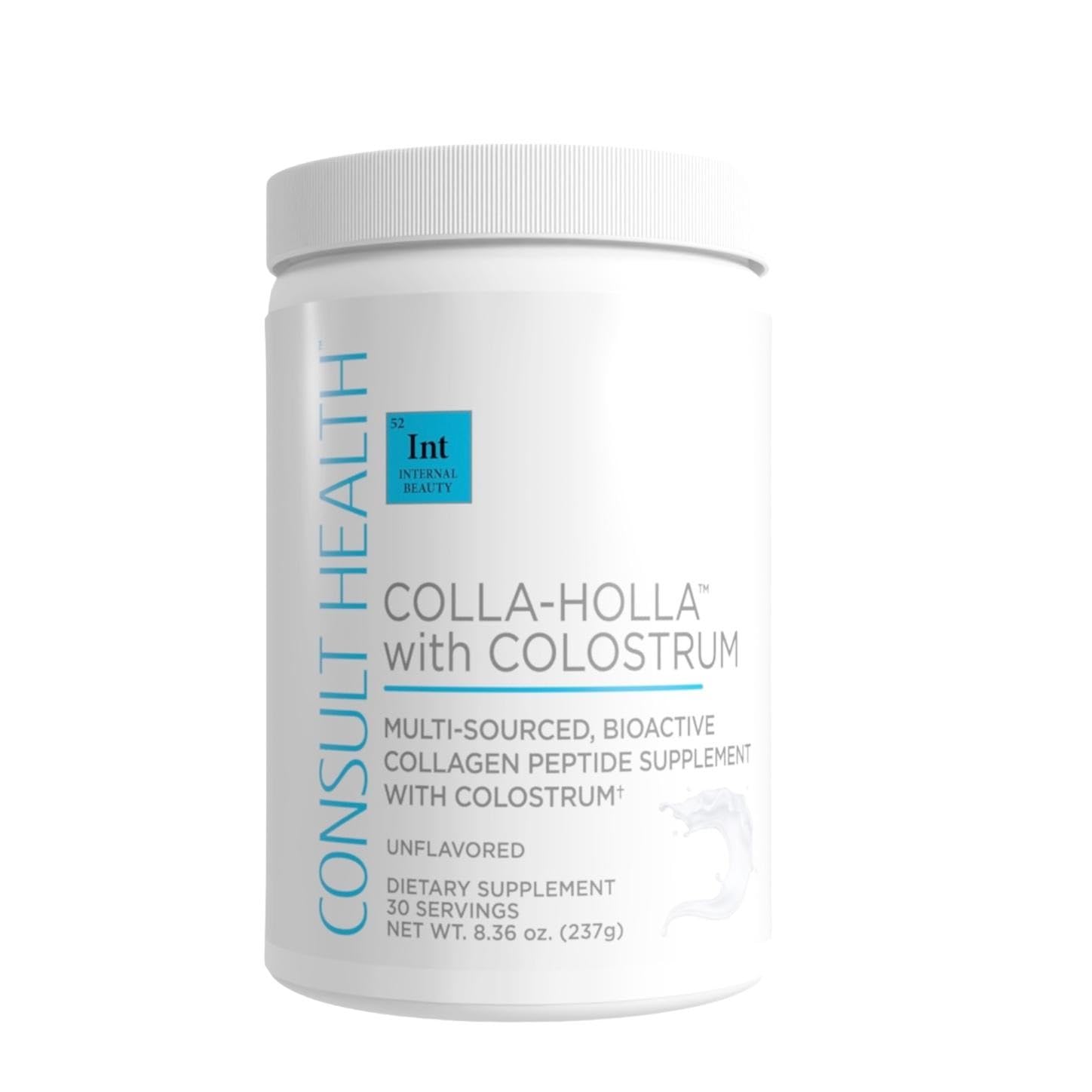 Front label of Colla Holla Verisol collagen with Colostrum, 8.36 oz