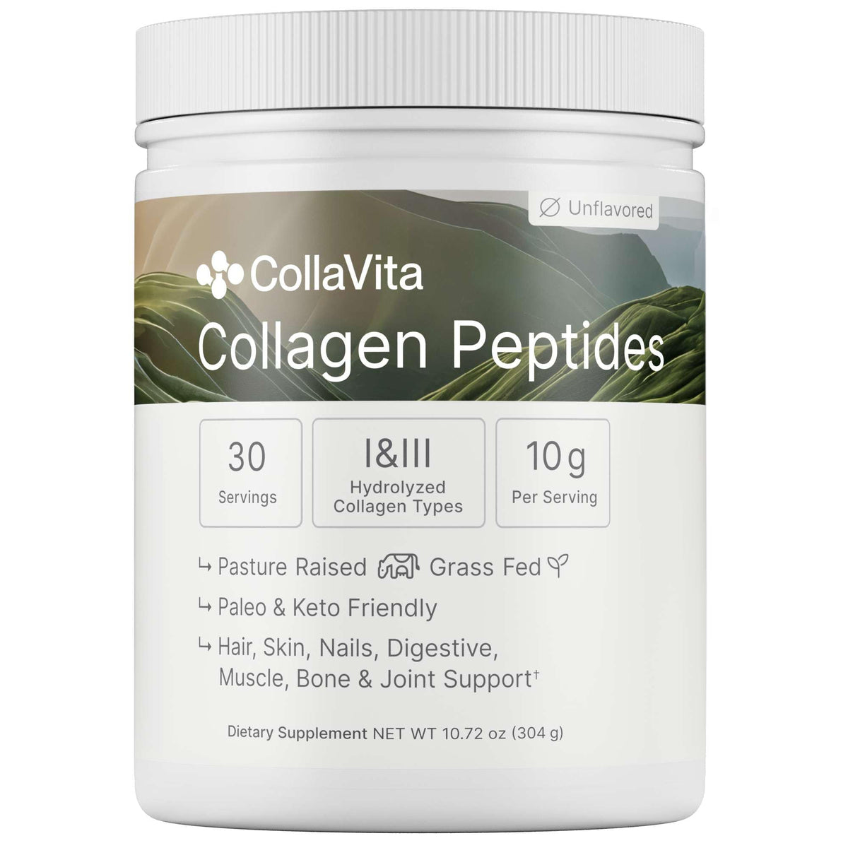 Jar of Colla Vita collagen powder with grass-fed origin label