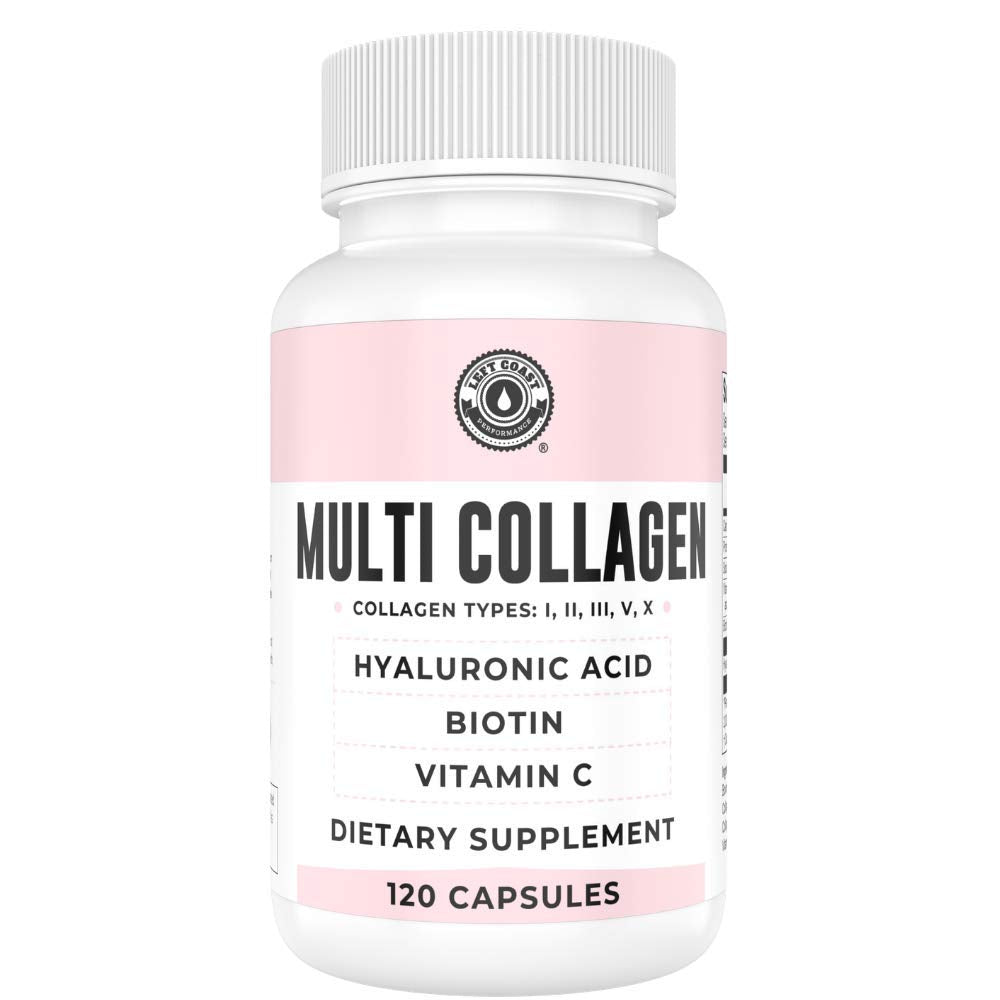 Bottle of collagen capsules with Biotin, Hyaluronic Acid and Vitamin C on label