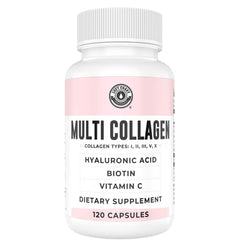Bottle of collagen capsules with Biotin, Hyaluronic Acid and Vitamin C on label