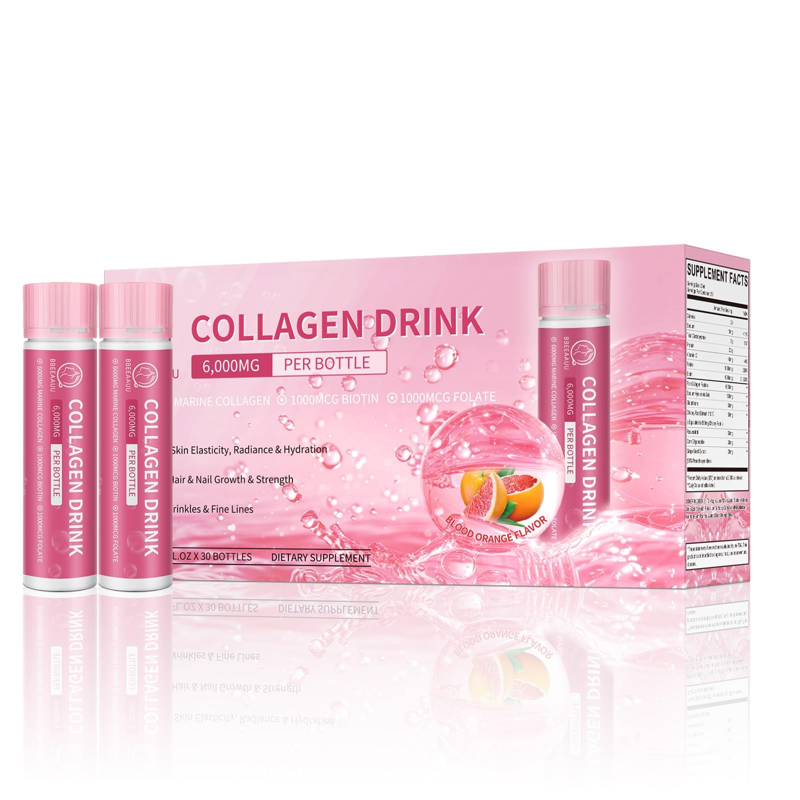 Blood orange flavored liquid collagen drink bottle showing 6000 mg marine collagen peptides