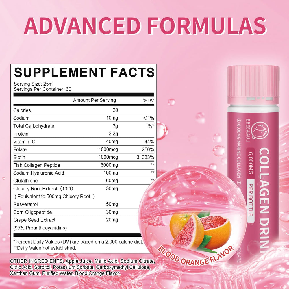 Shelf display of blood orange collagen drink bottles