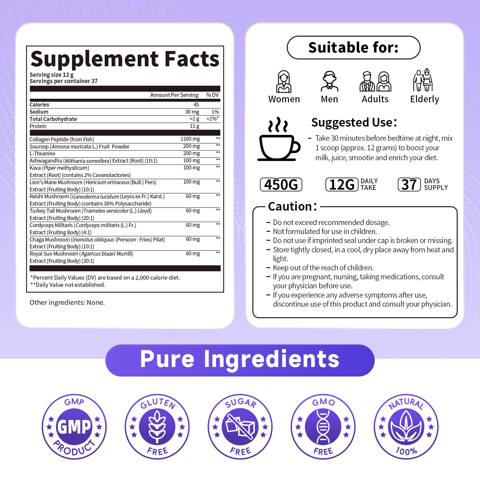 Illustration of ingredients: hydrolyzed marine Type I collagen, L-Theanine, Ashwagandha, and mushrooms