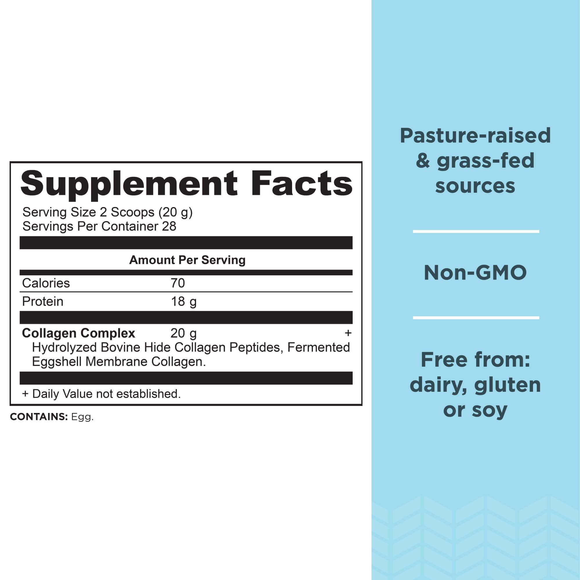 Close-up of collagen peptides powder scoop showing 20g per serving