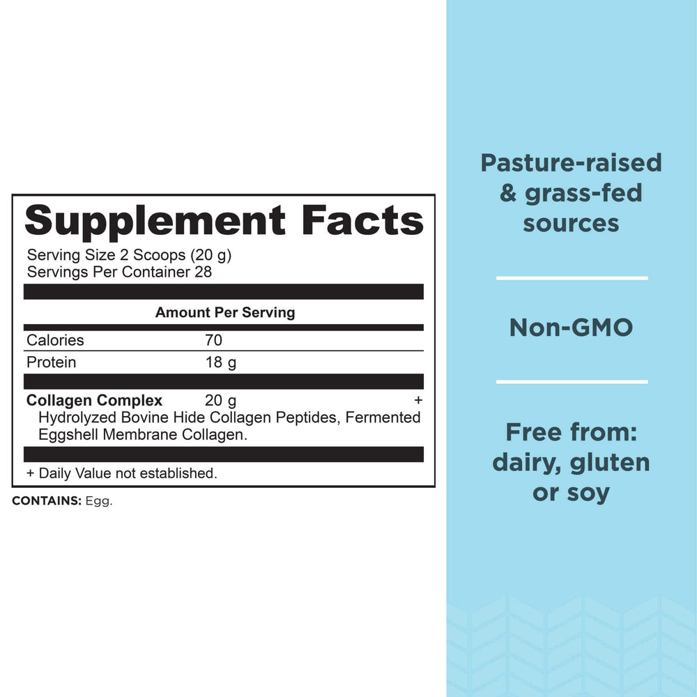Close-up of collagen peptides powder scoop showing 20g per serving