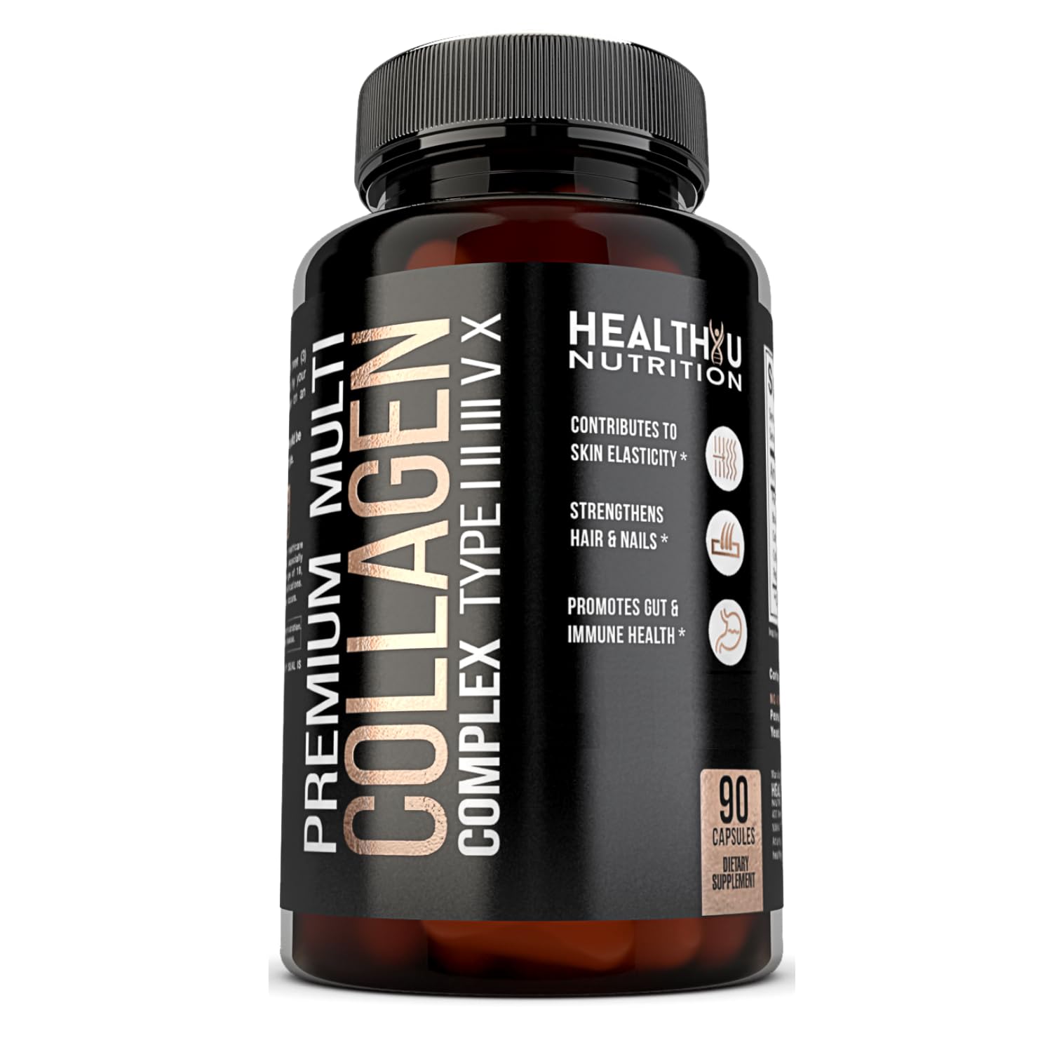 Collagen peptides powder bottle on white