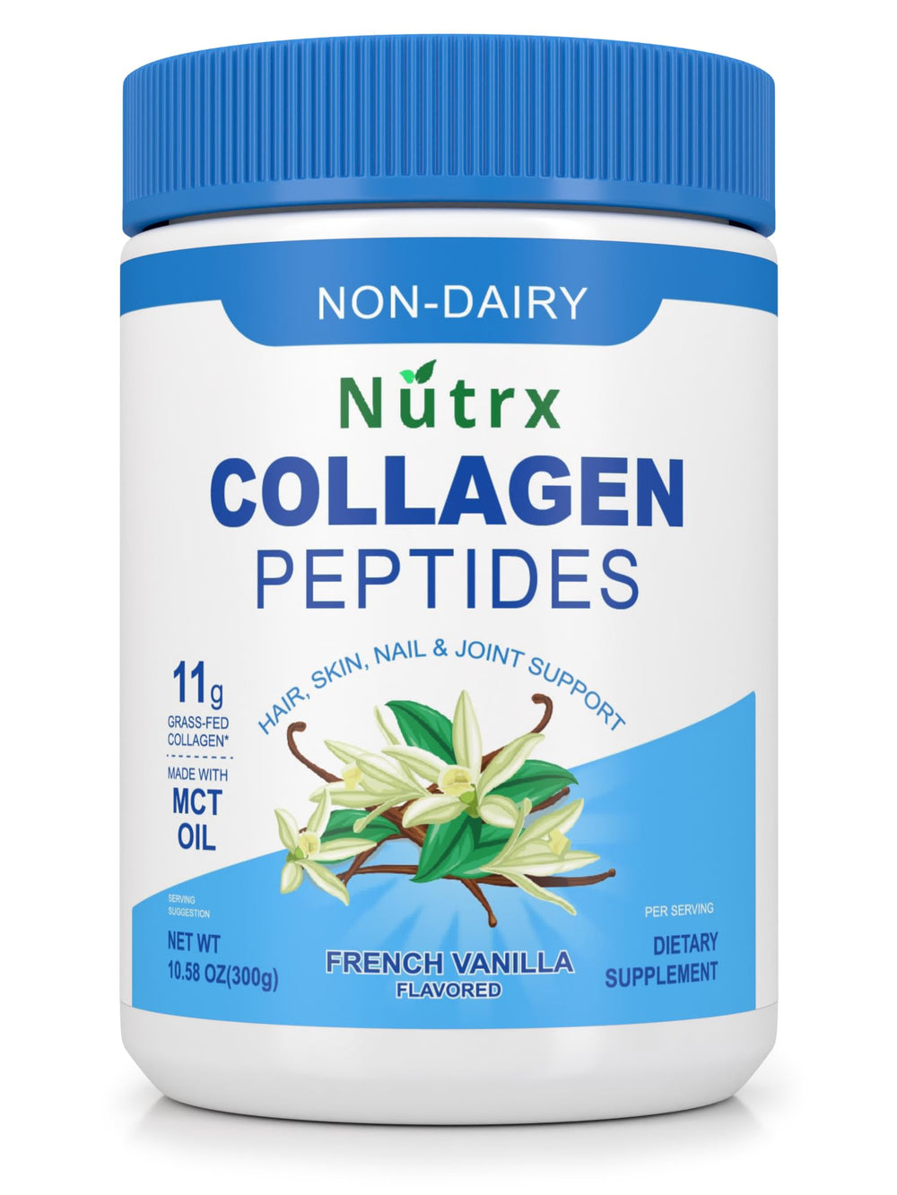 Vanilla collagen peptides powder with scoop beside a glass of water