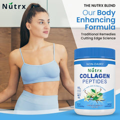Collagen peptides powder vanilla packaging label highlighting Sugar Free Non-Dairy