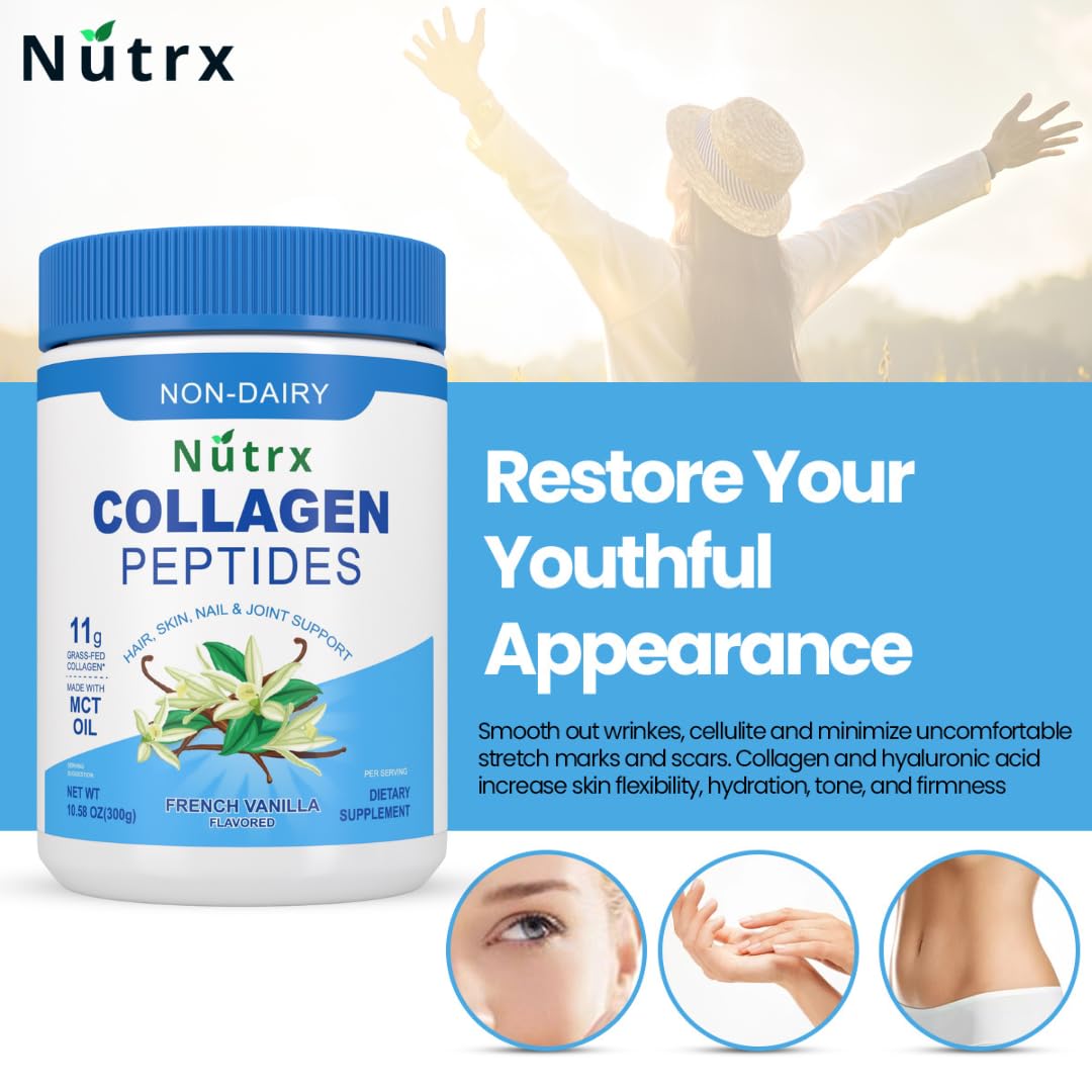 Non-dairy collagen powder bottle emphasizing USA certification and non-GMO