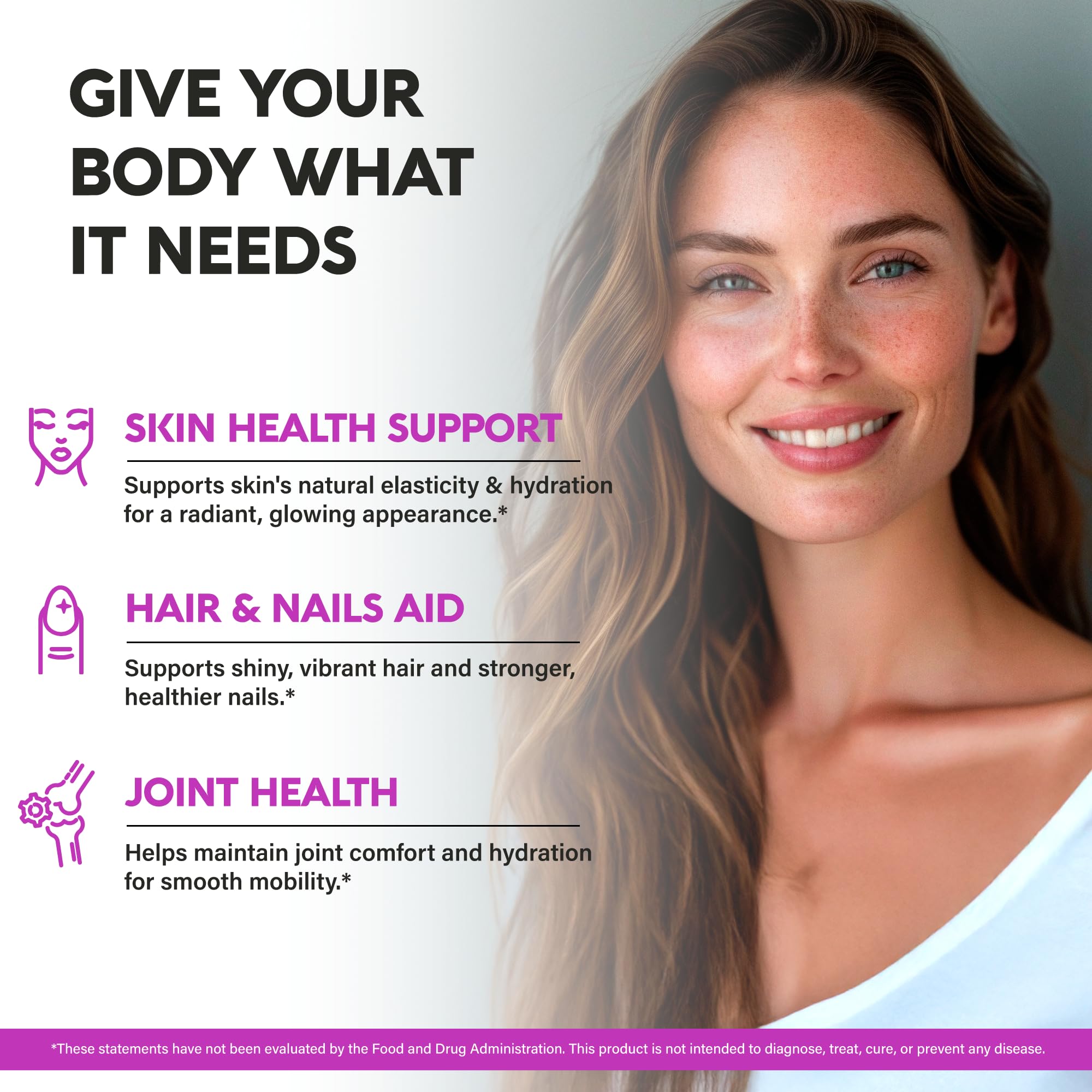 USA-made collagen peptides bottle with vitamins C and E and hyaluronic acid