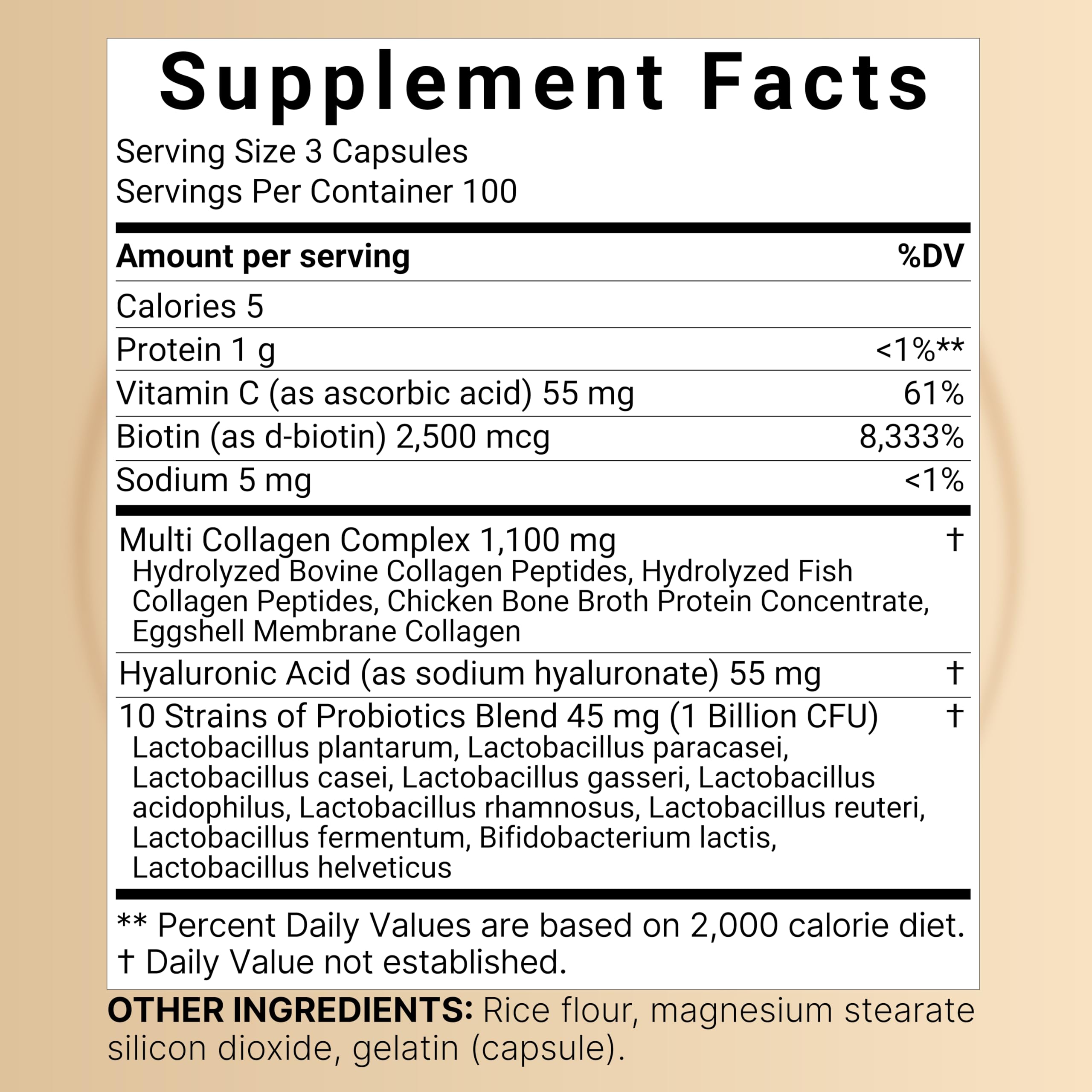 Ingredients label showing collagen types and nutrients