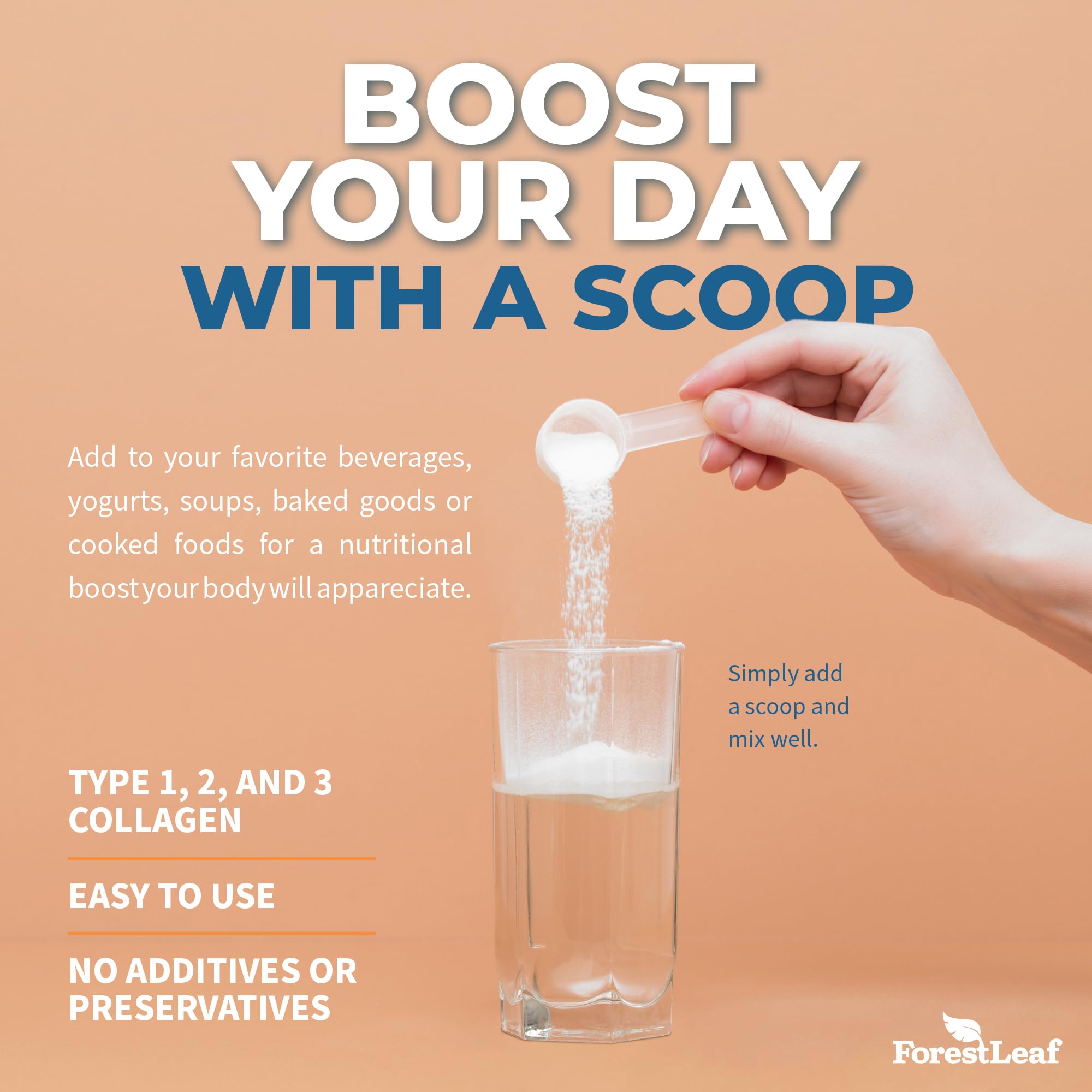 Measuring scoop with collagen powder beside the jar