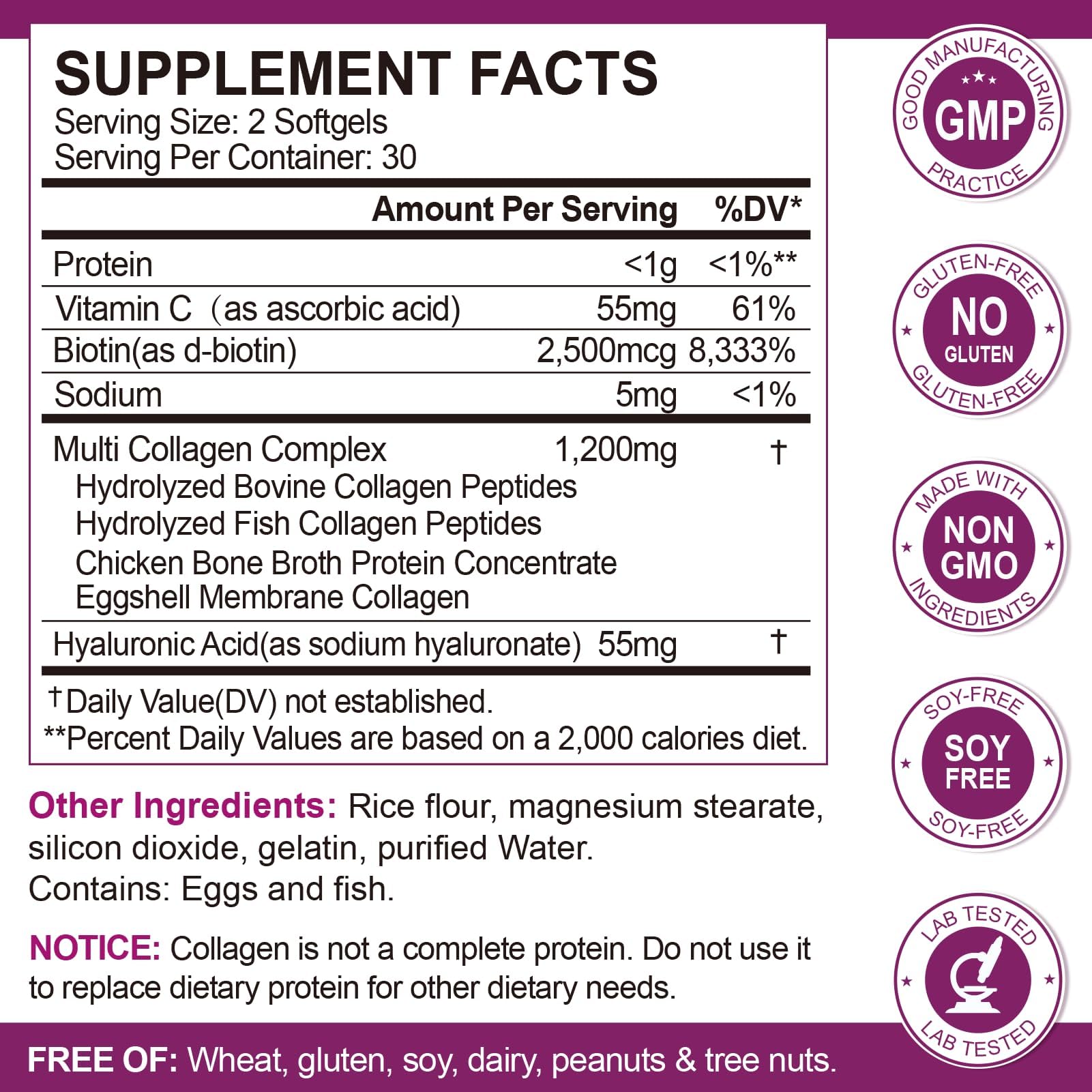 Softgels showing collagen types I, II, III, V and X on label