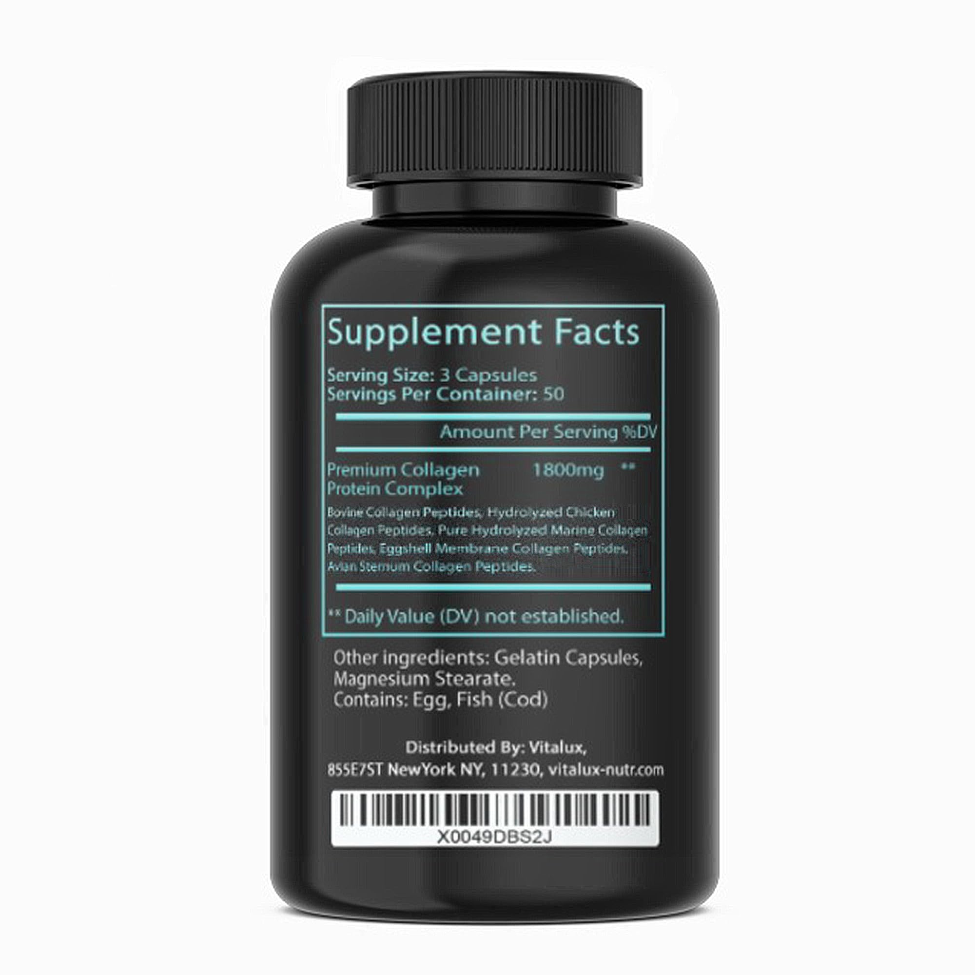 Multi-collagen capsules bottle showing Types I, II, III, V, and X