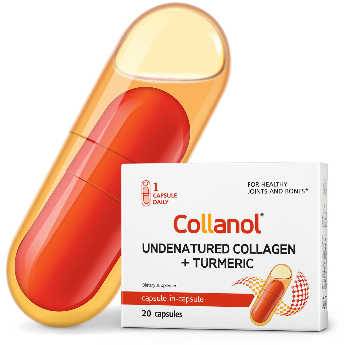 Collanol liquid joint care formula in a double capsule for daily use.
