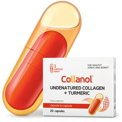 Collanol liquid joint care formula in a double capsule for daily use.