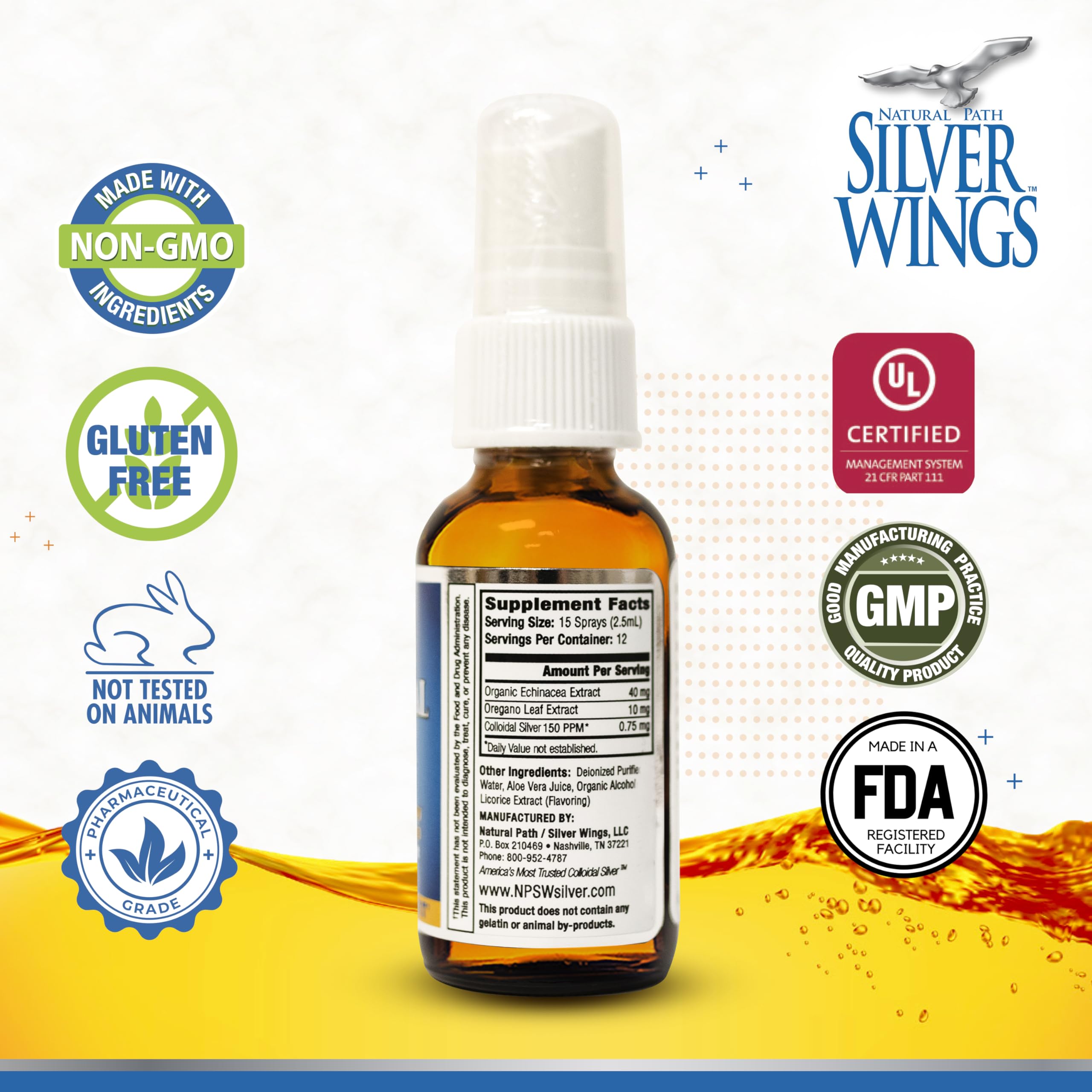 Colloidal silver 150ppm with echinacea and oregano immune support in amber bottle