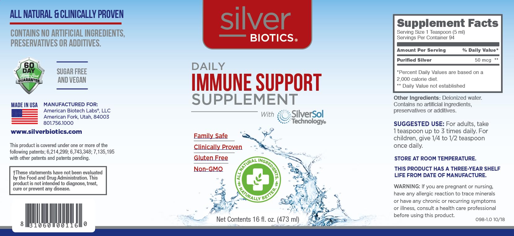 Colloidal silver liquid in 16 oz bottle for immune support