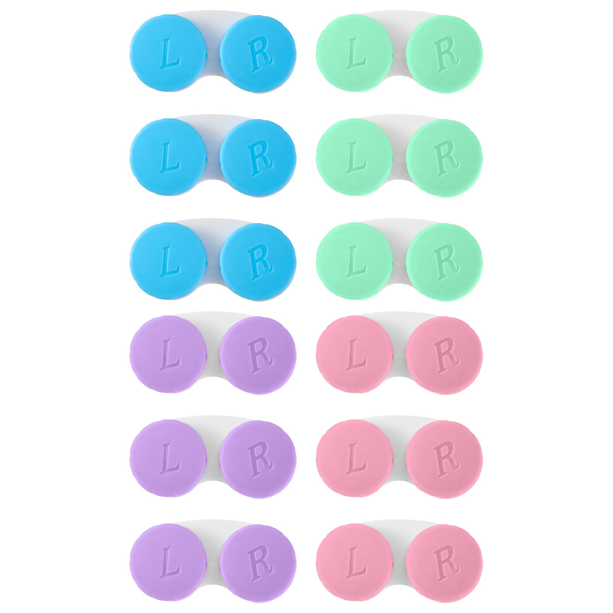 Set of 12 colorful contact lens cases with screw-top lids