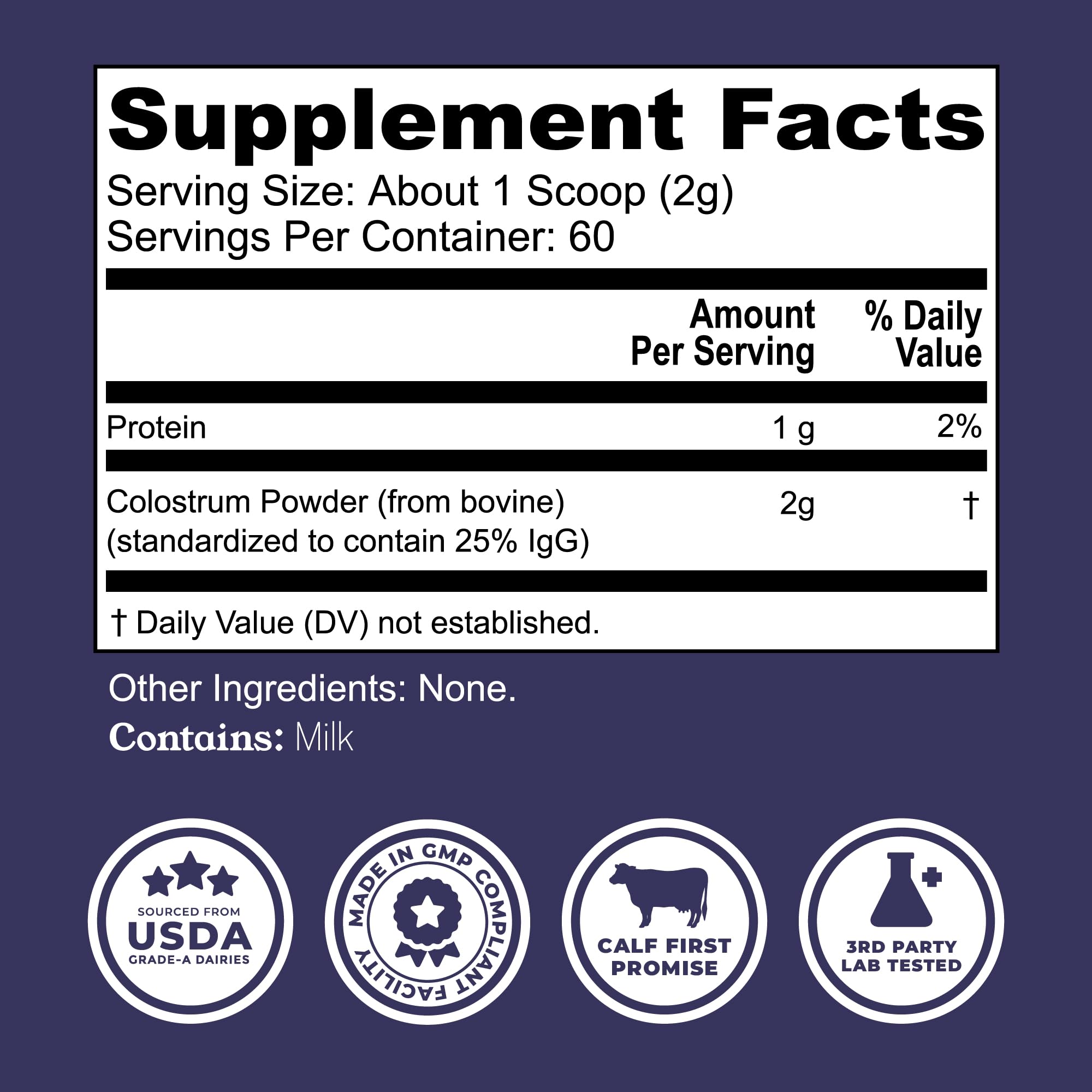 Single-ingredient colostrum powder with no additives