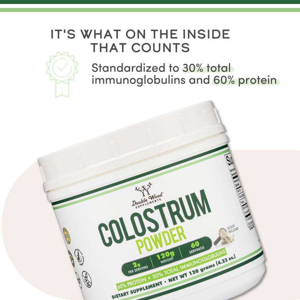 Colostrum powder highlighting skin and hair benefits