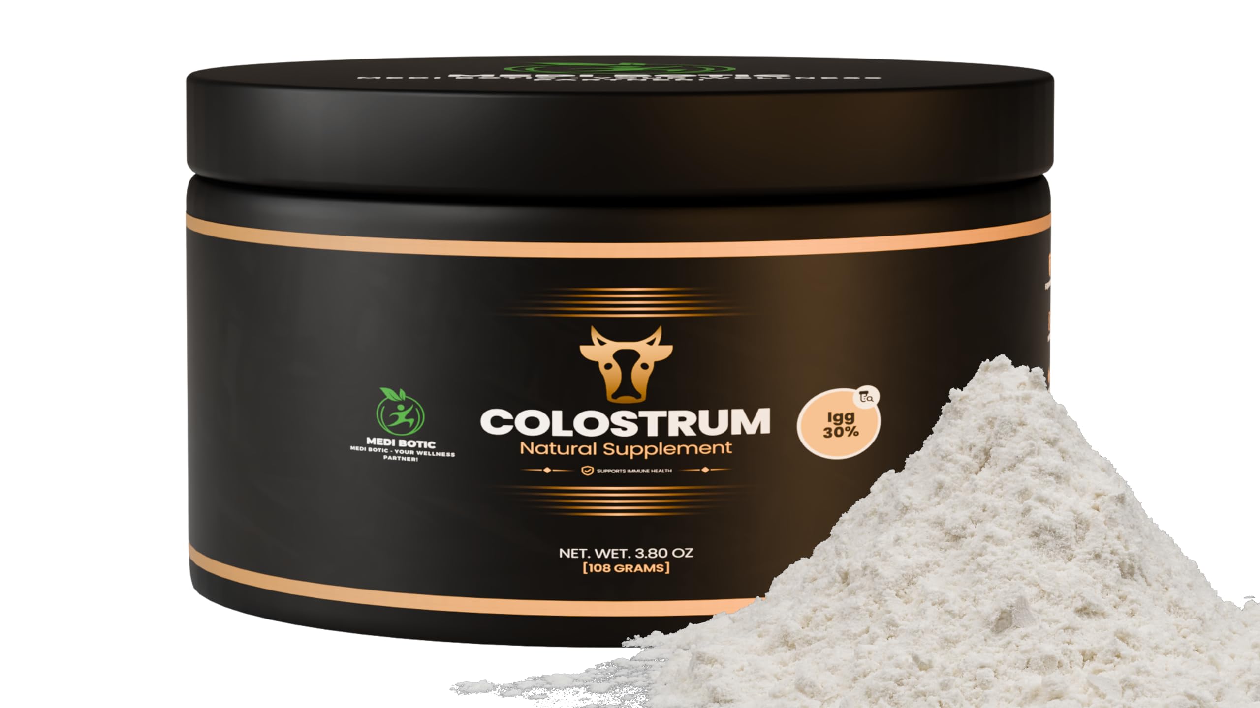 Colostrum supplement powder jar labeled 108g unflavored