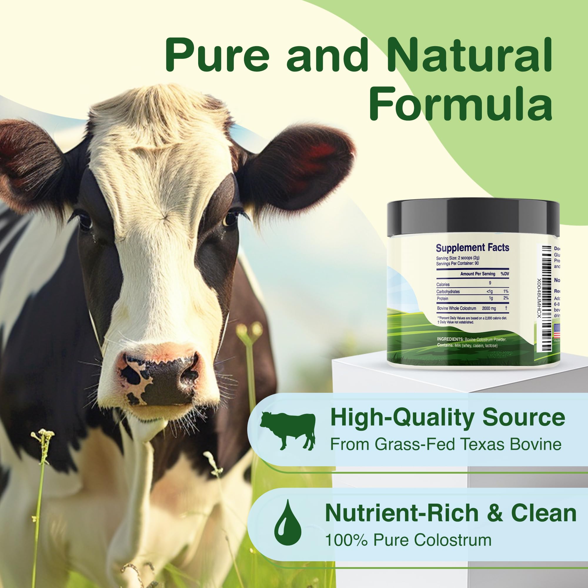 Unflavored, pure colostrum powder container