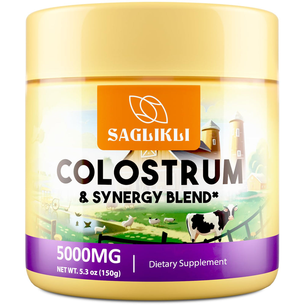 Colostrum powder bottle labeled 5000 mg per serving
