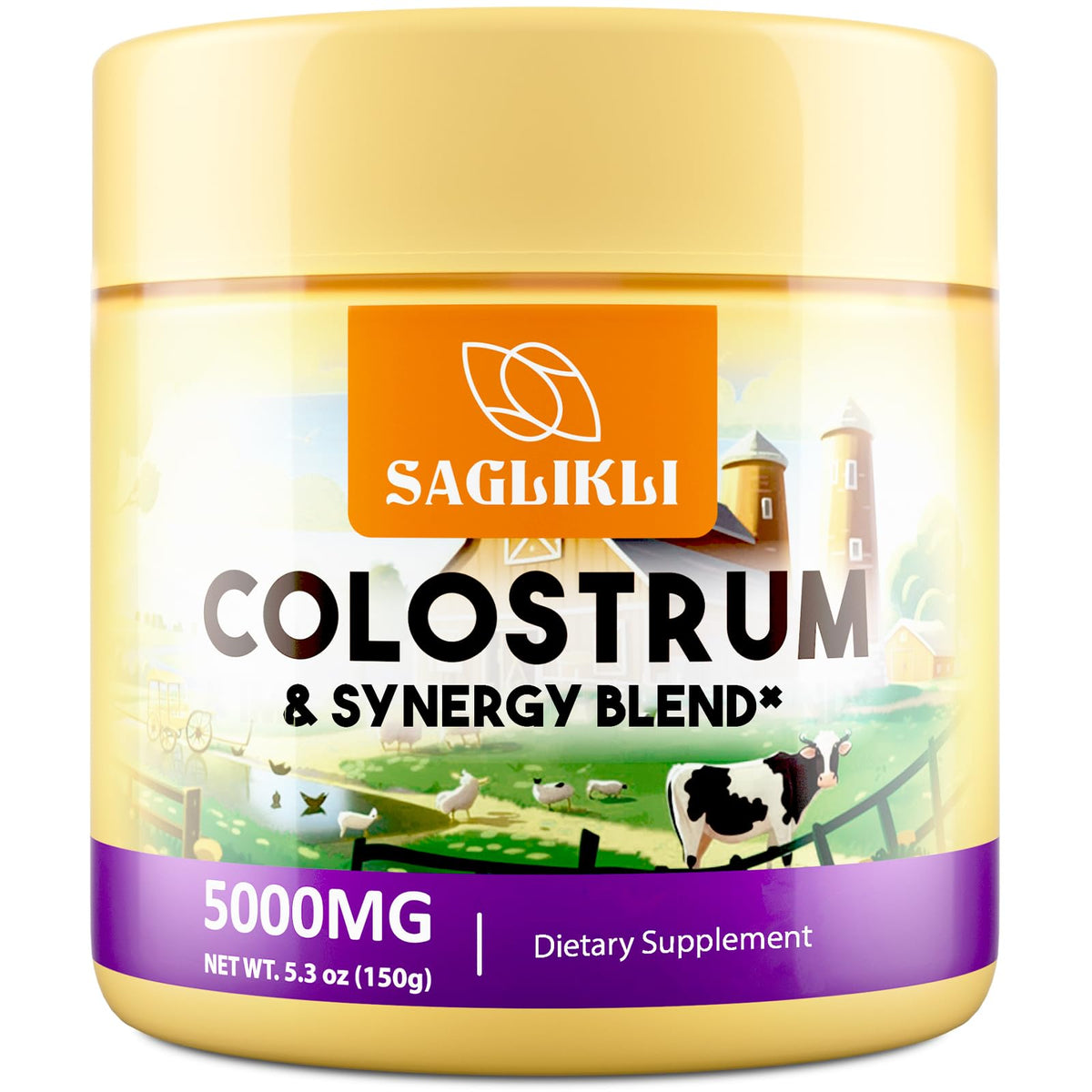 Colostrum powder bottle labeled 5000 mg per serving