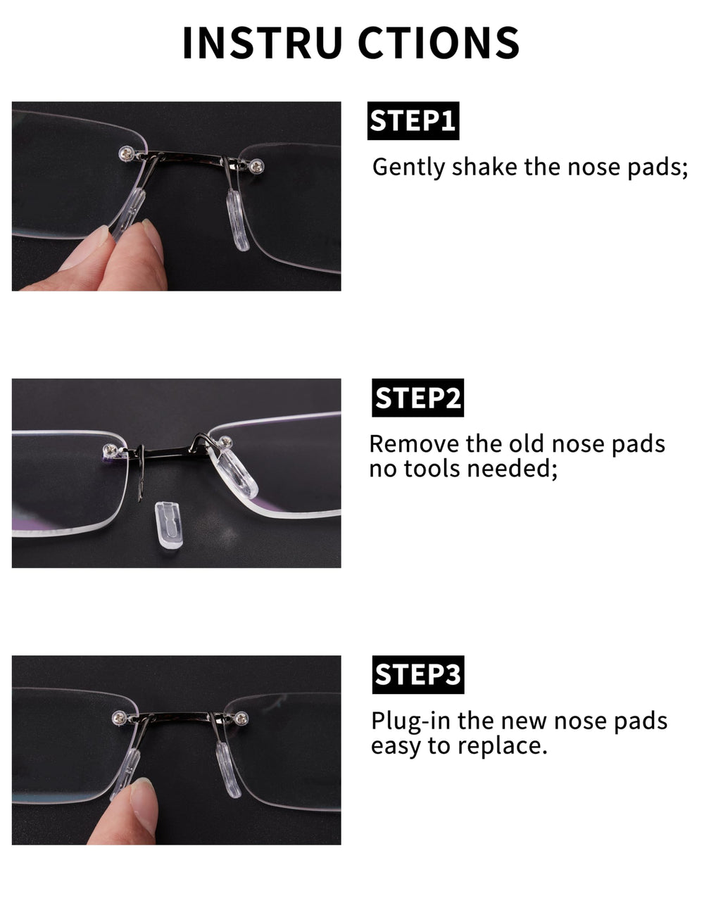 Easy installation without tools for glasses nose pads