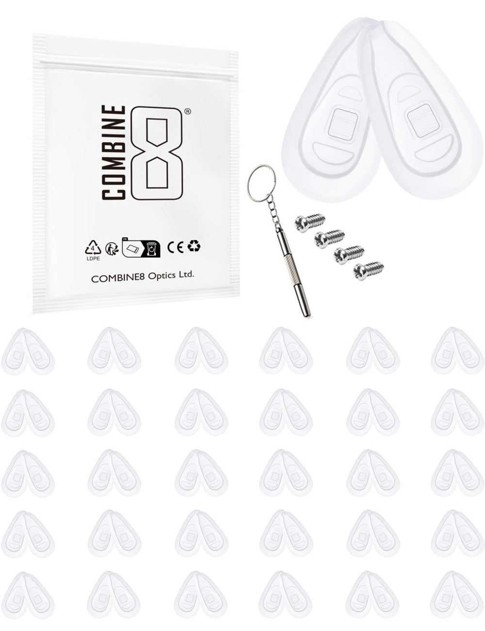 Combine8 30-pair clear tear-shaped soft silicone eyeglass nose pads