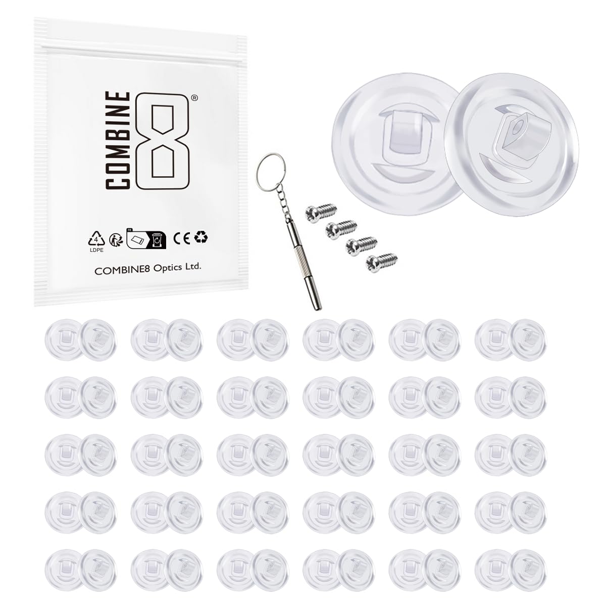 Combine8 Eyeglass Nose Pads – 30 Pairs Round Clear Soft Silicone Anti-Slip with Tools