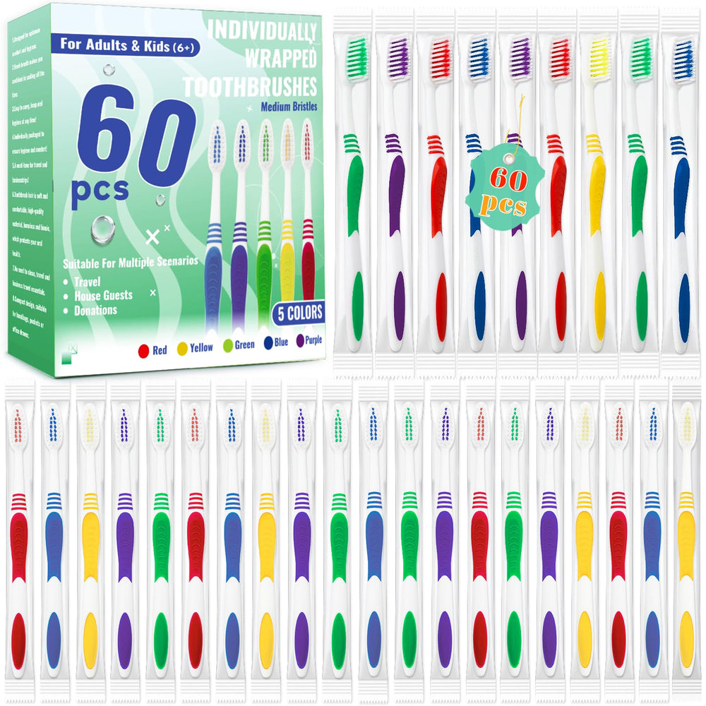 60 individually wrapped disposable toothbrushes in a bulk pack