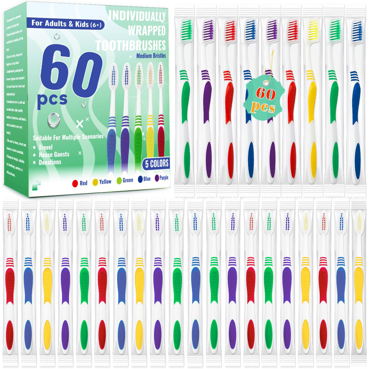 60 individually wrapped disposable toothbrushes in a bulk pack