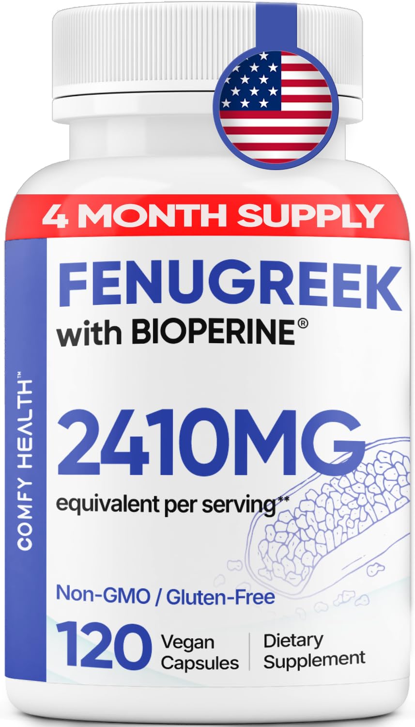 Bottle of COMFY HEALTH Fenugreek Capsules with 2410 mg per capsule