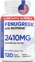 Bottle of COMFY HEALTH Fenugreek Capsules with 2410 mg per capsule