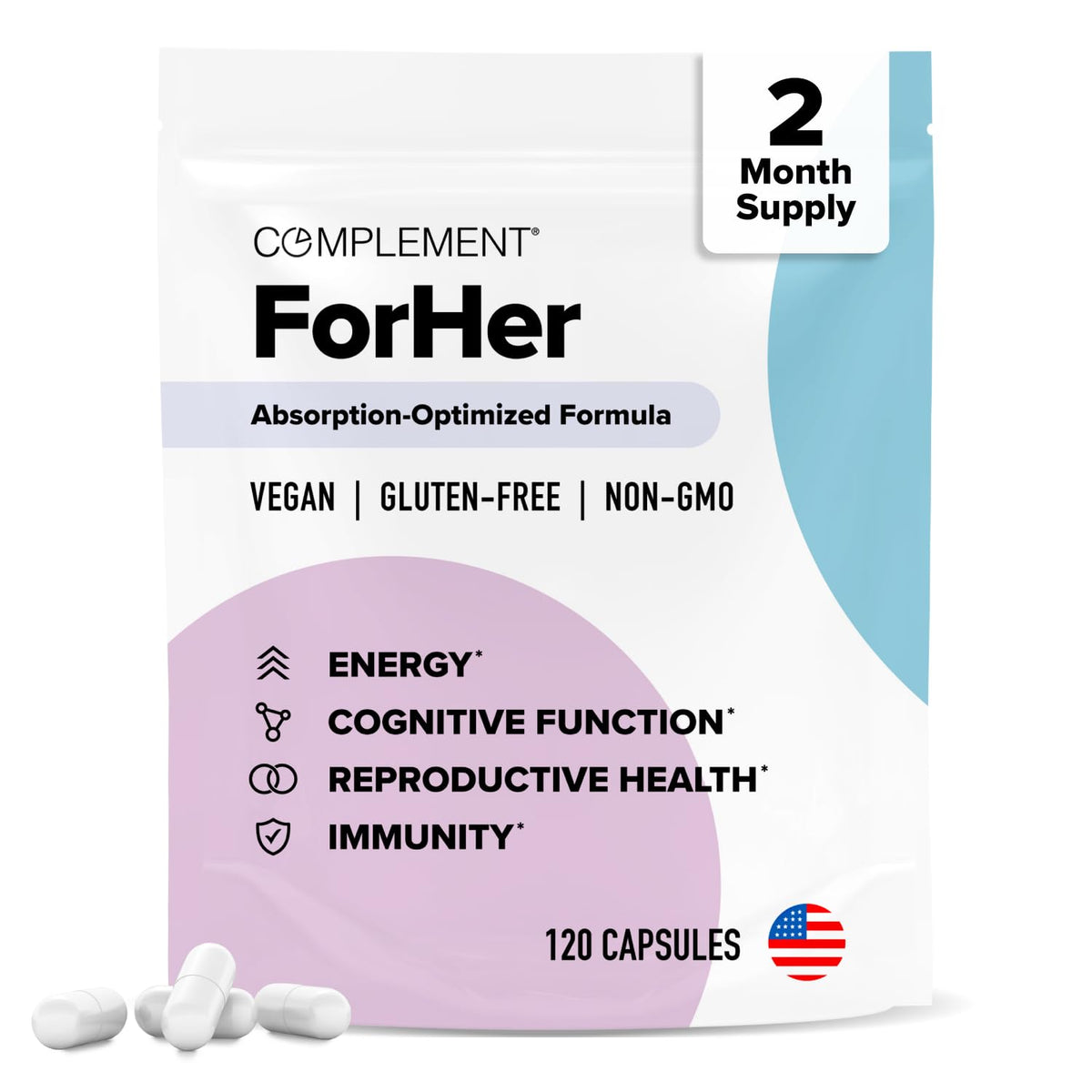 Complement ForHer front packaging showing brand and product benefits