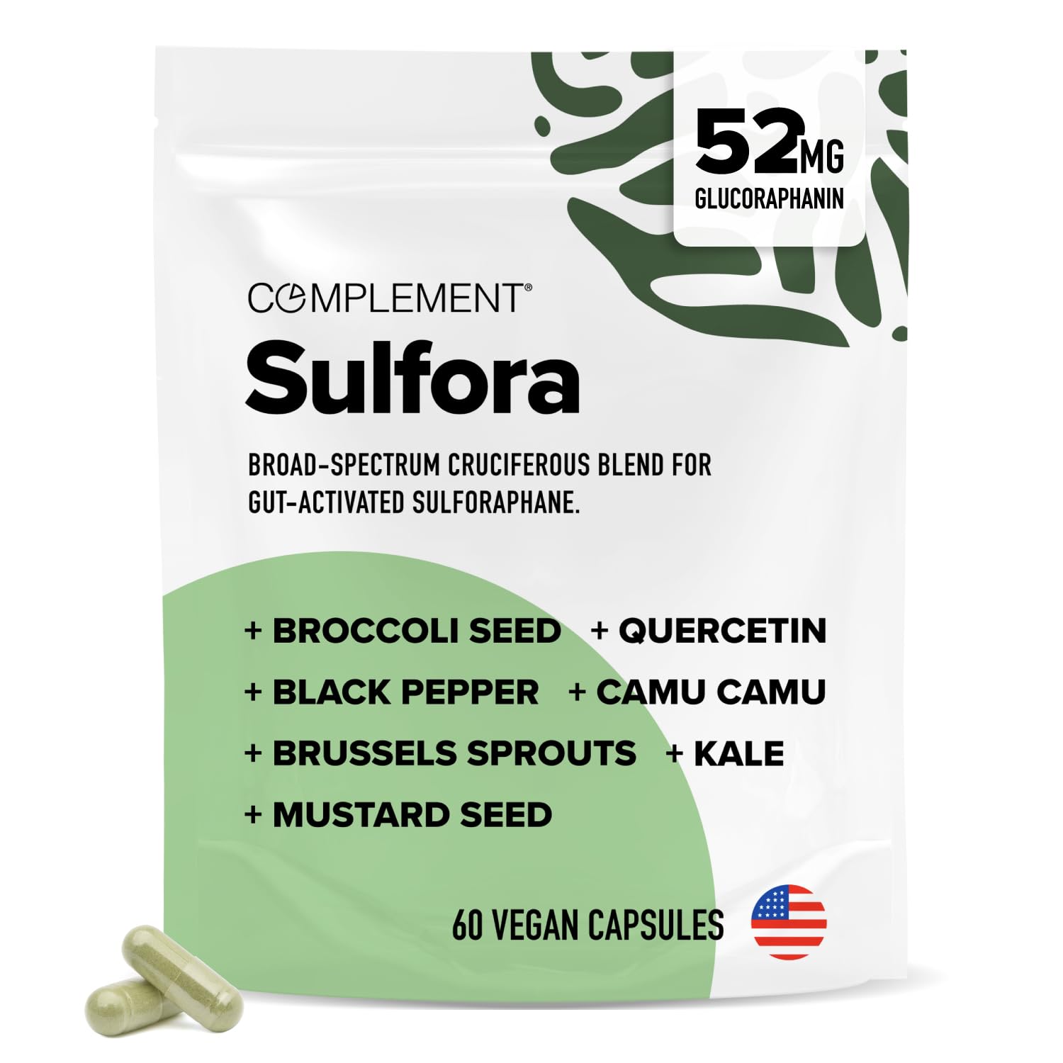 Complement Sulfora bottle with label highlighting sulforaphane and myrosinase